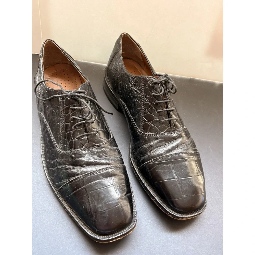 STACY ADAMS Wingtip Oxford Shoes 8.5 Black Ostrich Print Leather Dress Men‎